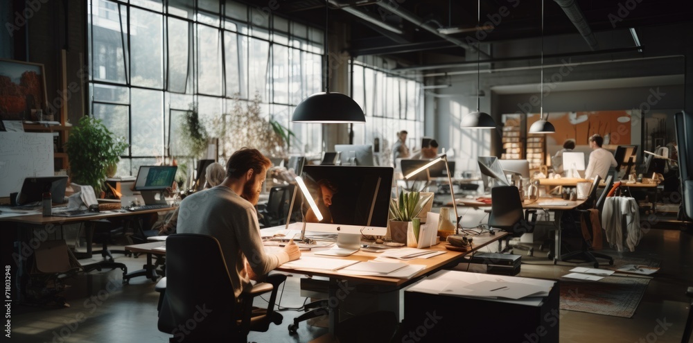 A man in an office at work, in a meeting, in front of a computer. Business background with men and women working in an office, in a cafe, in a team. A man in an office at work, in a meeting, in front of a computer. Business background with men and women working in an office, in a cafe, in a team.
