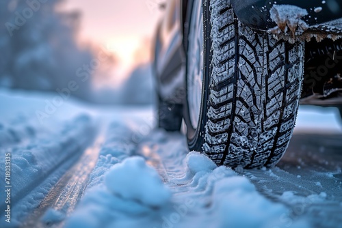 A close-up of an automobile tire on a winter road. Generative Ai. © Planum