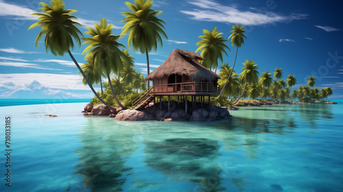 Tiny tropical island with hut and palms surrounded sea blue water   Ai generated image