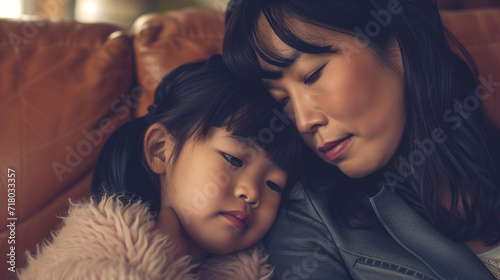 Closeup of a happy asian mother and daughter cuddling on the sofa, ai generated photo