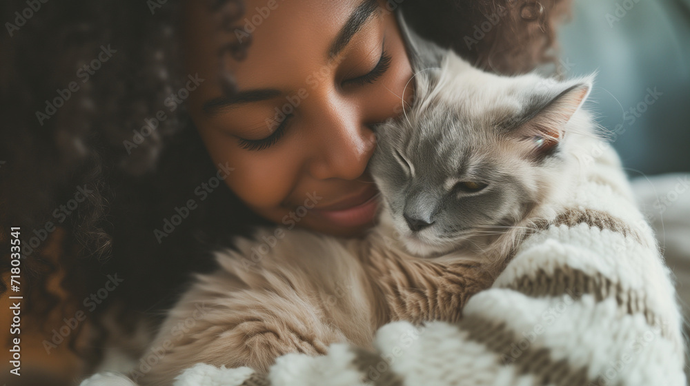 Young attractive mixed race woman cuddling her ragdoll cat at home,  ai generated