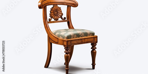 Biedermeier chair, antique, isolated, authentic fabric and wood carving. photo