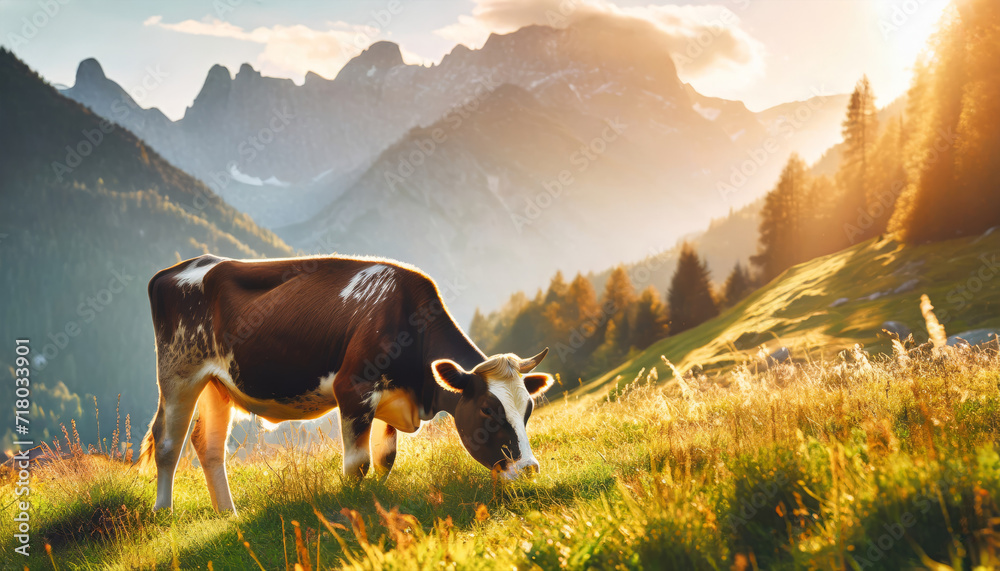 Majestic Cows Grazing in the Alpine Meadow - obrazy, fototapety, plakaty 