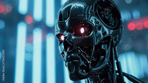 Robot steel skull with red eyes