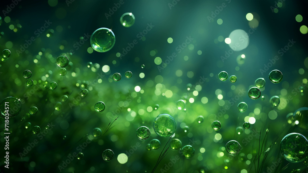 A Fresh Macro Pattern of Water Drops on a Vibrant Green Background with Bubbles.