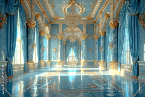 The royal palace's inside is a realistic fantasy blue. Generative Ai.