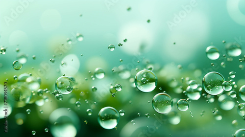 A Fresh Macro Pattern of Water Drops on a Vibrant Green Background with Bubbles.