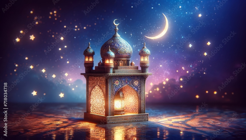 Ramadan Nights. Lanterns Aglow Under a Crescent Moon and Starry Sky Ramadan Nights. Lanterns Aglow Under a Crescent Moon and Starry Sky