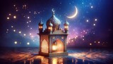 Ramadan Nights. Lanterns Aglow Under a Crescent Moon and Starry Sky