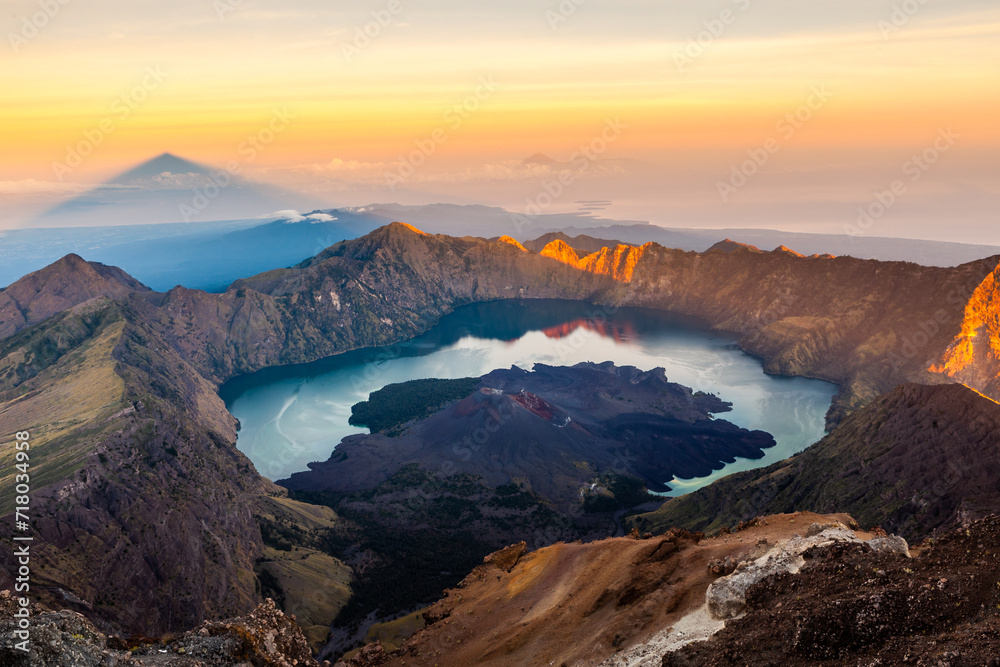 Mount Rinjani. View from the top of the mountain at sunrise. Beatuiful landscape at Lombok island, Indonesia.