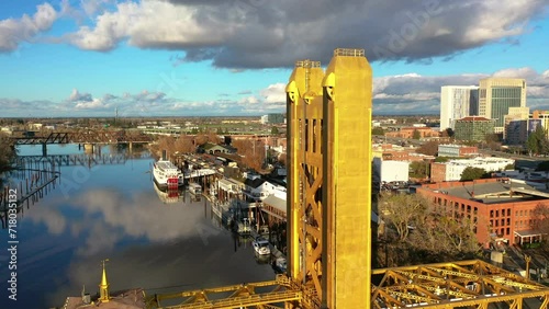 Aerial view away from the tower bridge, in sunny, fall evening in Sacramento, USA photo