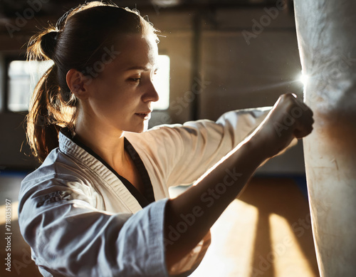 Focused Female Karateka: A Skilled Athlete Training