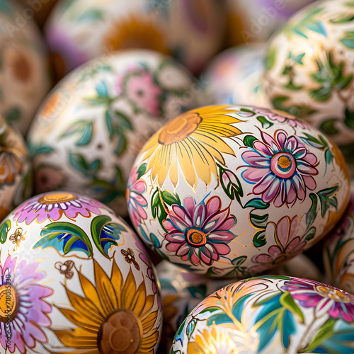 Close-Up of Easter Eggs with Stunningly Detailed Floral Patterns.