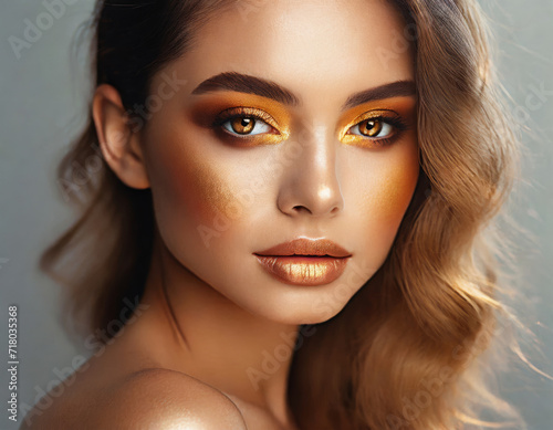 Stylish Beauty: Glamorous Fashion Portrait of a Young Woman with Bright Makeup and Shiny Skin