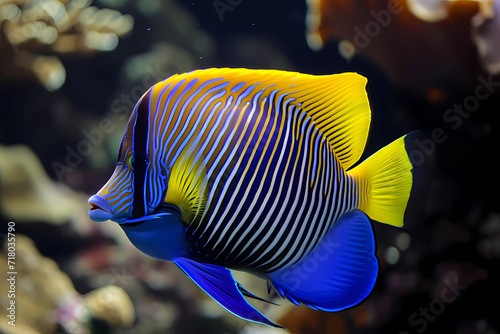 Emperor angelfish - Pacific and Indian Oceans - A brightly colored reef fish with a distinctive pattern of stripes and dots. They are omnivorous, feeding on both algae and small invertebrates photo