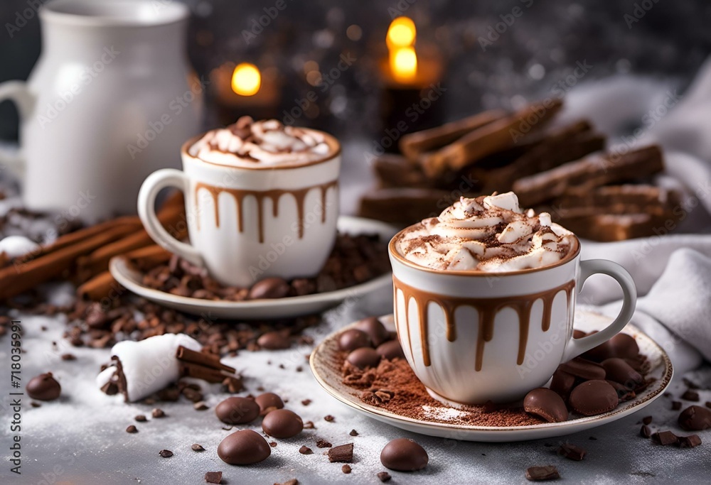 AI generated illustration of Coffee with marshmallows and spices on a saucer AI generated illustration of Coffee with marshmallows and spices on a saucer