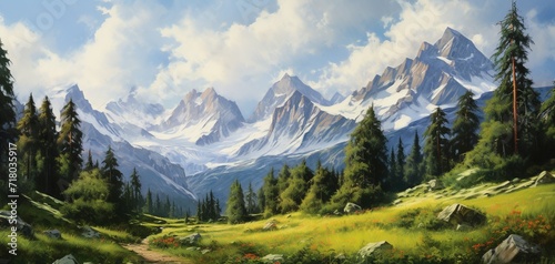 alpine mountains in oil paints, image made with generative ai technology.