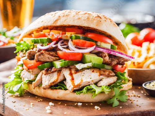 Tasty grilled chicken sandwich with lettuce, tomato, onion and french fries
