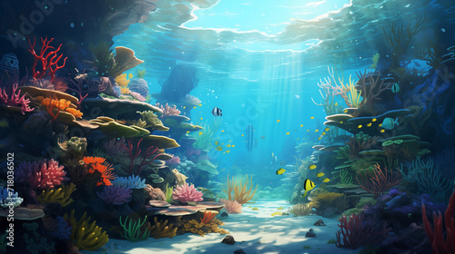 Underwater Scene - Tropical Seabed With Reef And Sunshine, Ai generated image © Trendy Motion