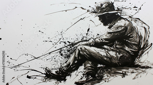 pencil drawing, professional drawing, lots of details, a fisherman in Thinker position, ink splatter
