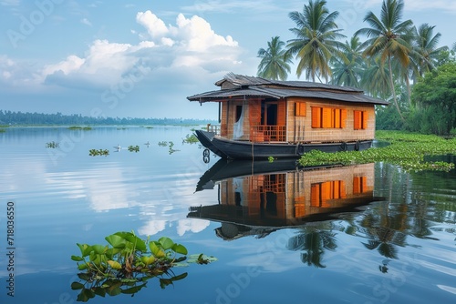 In Kerala's backwaters, India. Generative Ai. photo