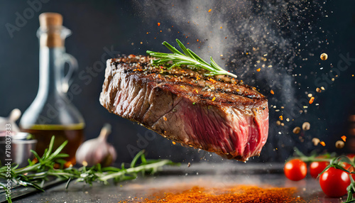 Appetizing seared steak with rosemary