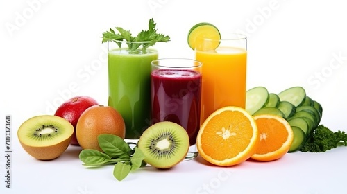 Glass of colorful healthy fresh drink from fruit and vegetables.arrangement of colorful fresh fruit around the glass. white background