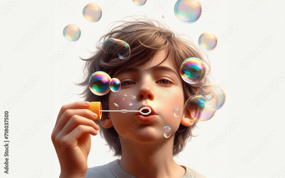 A boy blows bubbles in a balloon on a white background. A teenager plays with shampoo bubbles. A boy blows bubbles in a balloon on a white background. A teenager plays with shampoo bubbles.