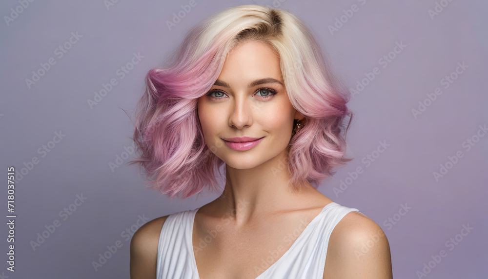 Stylish Purple Hairstyle and Glamorous Makeup on Young Woman