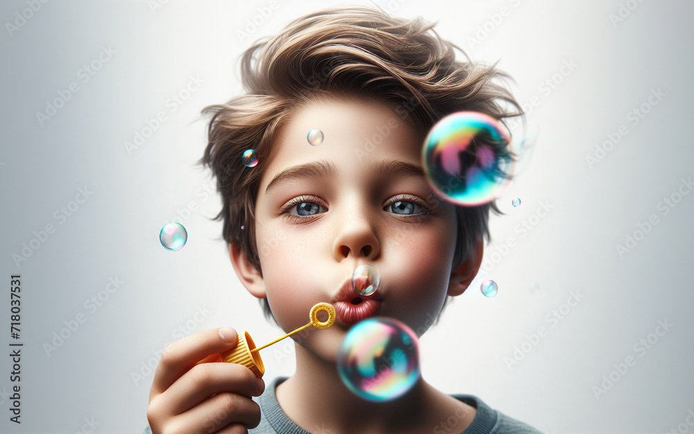 A boy blows bubbles in a balloon on a white background. A teenager plays with shampoo bubbles.