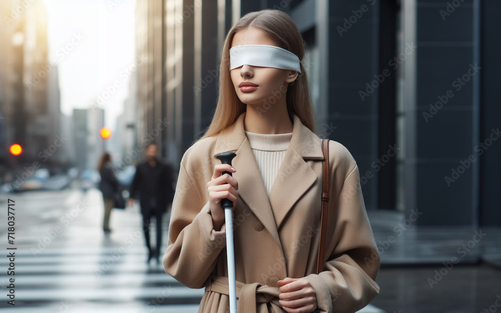 Obraz premium Visually impaired people carry canes and walk along sidewalks and zebra crossings.