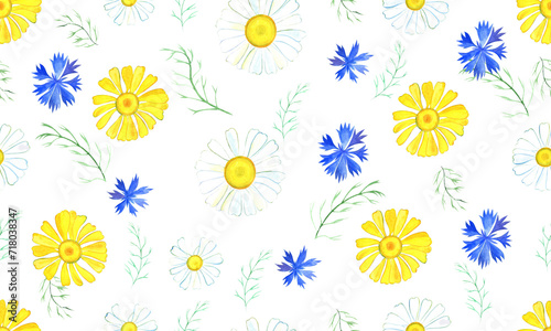 Seamless floral pattern. Yellow and white daisies, cornflowers on a transparent background. It can be used to create fabric, wallpaper and packaging.