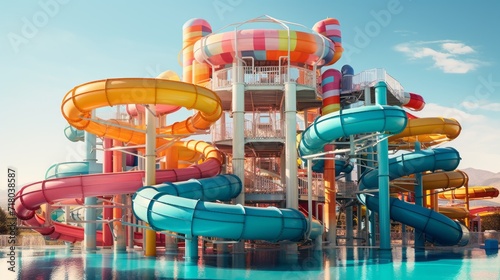 Large beautiful colorful slides and a swimming pool in Aqua park. Summer entertainment, vacation concepts.