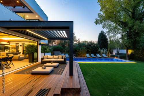 a lavish side outside garden at morning, with a teak hardwood deck and a black pergola. Scene in the evening with couches and lounge chairs by the pool photo