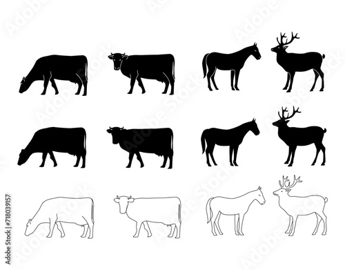Vector silhouette of cow horse and deer. set of modern drawing isolated on white background. For packaging, logo or icon design.