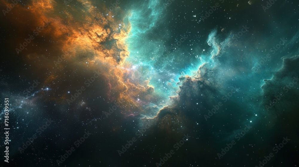 The shine of stars and foggy patterns are an illustration of the cosmic expanse. Multi-colored nebulae and galaxies of the universe with different stars and planets. Astronomical abstract background.