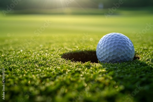 A solitary golf ball sits among the vibrant green grass, waiting to be struck by a foursome of players on the picturesque golf course photo