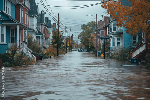 AI generated illustration of a flooded urban street during high tide in town
