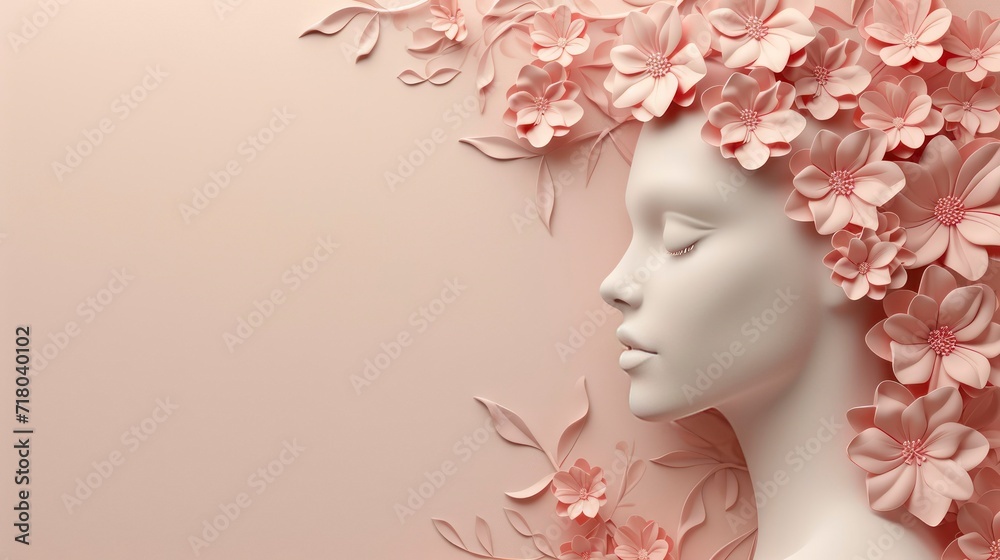 Woman's face and floral with copy space for international women's day. Generative AI