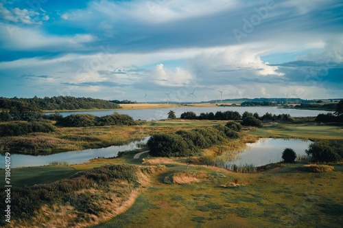 Fotografie Wetland with wind turbines in the background