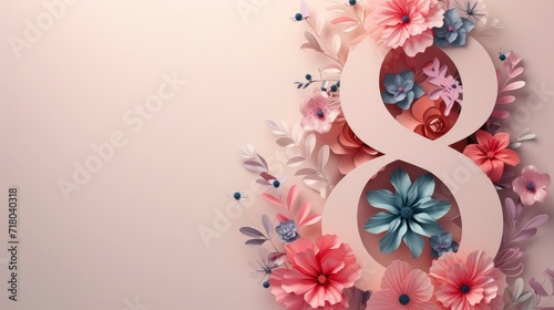 Number 8 and Floral with copy space for international women's day. Generative AI