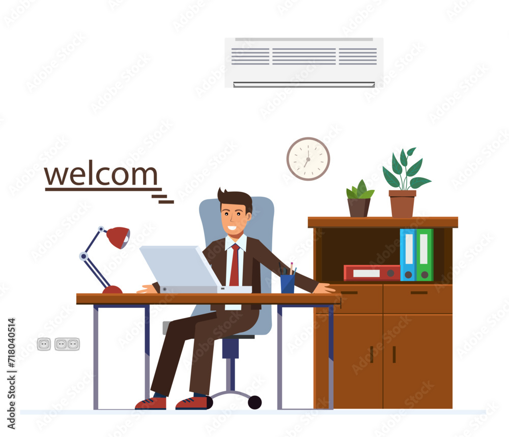 Businessman businessman in suit working at office desk. Flat style modern vector illustration.