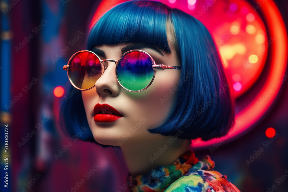 Bright color portrait of a young woman with a bob haircut wearing colored glasses, AI