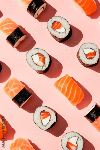 Beautiful fresh sushi pieces on a coloured background with shadows