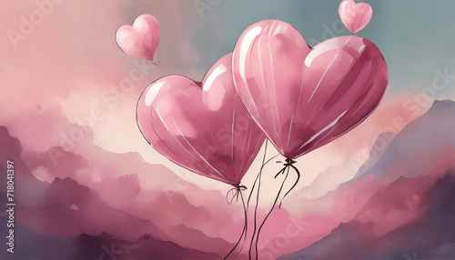 Illustration of heart-shaped balloons, Valentine s Day, greeting card, love, muted colors photo