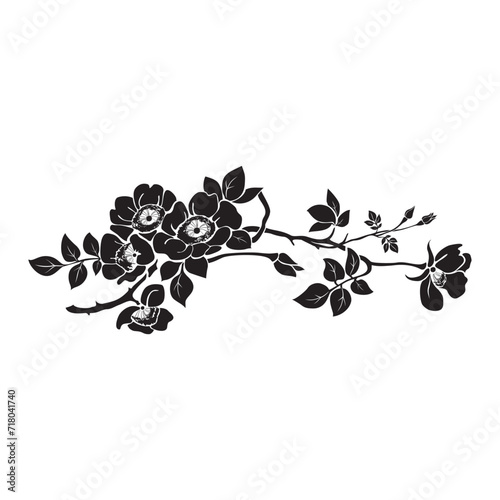 Vector graphic of Rose with leaves. Isolated on White background.  Flower silhoutte. Flowers design elements. Monochrome rose tattoo. Vector illustration