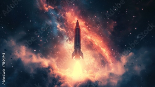 Rocket takes off from the surface of the earth in space. Astronomical science background  infinite universe.
