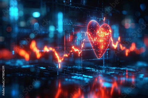 Techno health Neon heart on blurred screen with AI generated waves