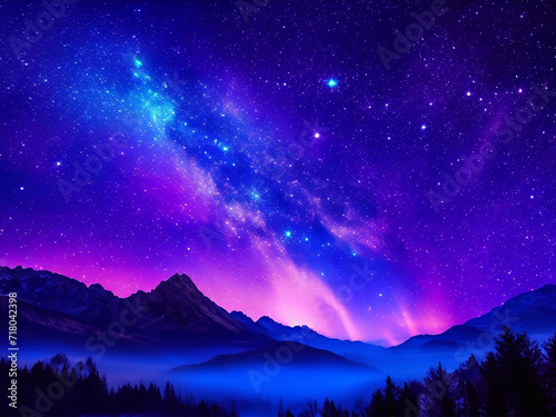 Beautiful fantasy starry night sky, blue and purple colorful, galaxy and aurora 4k wallpaper © Hasan