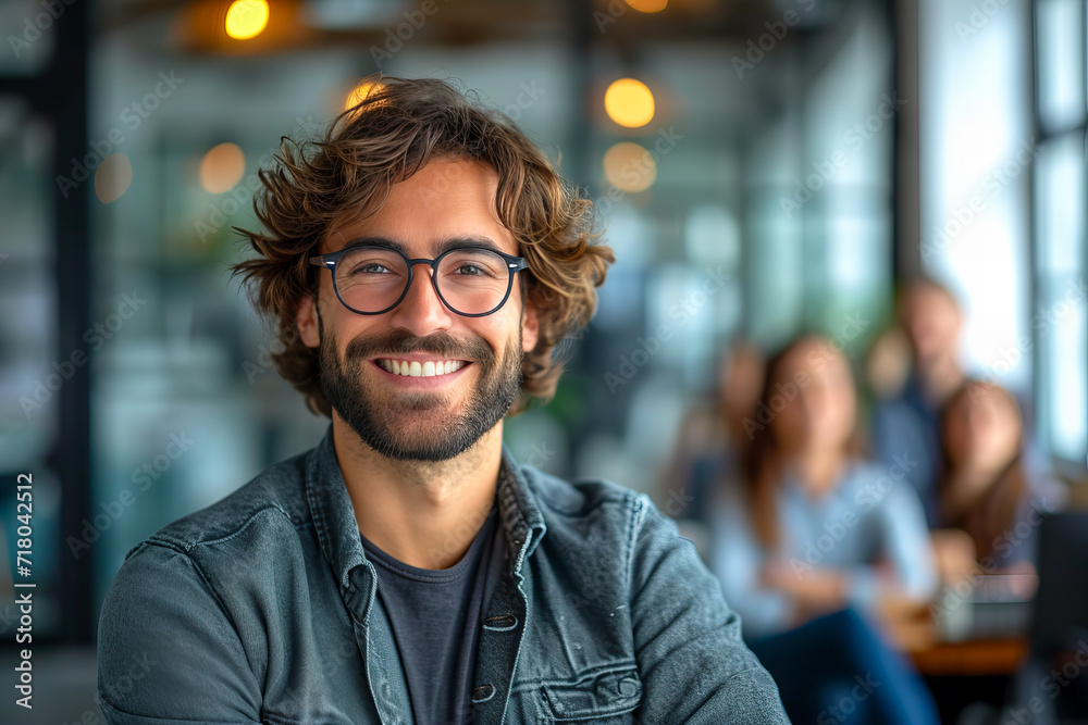 Male developer sitting in the office with his work team and colleagues in the background.